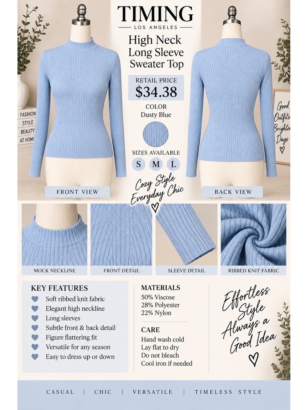 TIMING Los Angeles Dusty Blue High Neck Long Sleeve Sweater